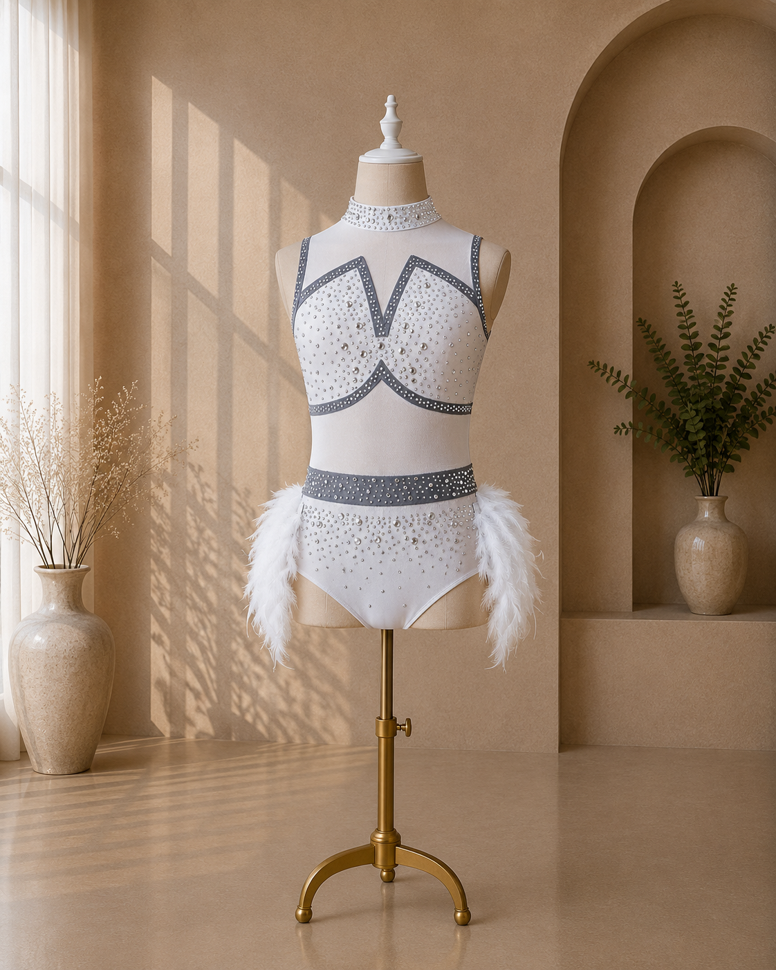 Girls Rhinestone Jazz Dance Costume – Feather & Mesh Competition Leotard | Ages 5–16 Years