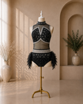 Girls Rhinestone Jazz Dance Costume – Feather & Mesh Competition Leotard | Ages 5–16 Years