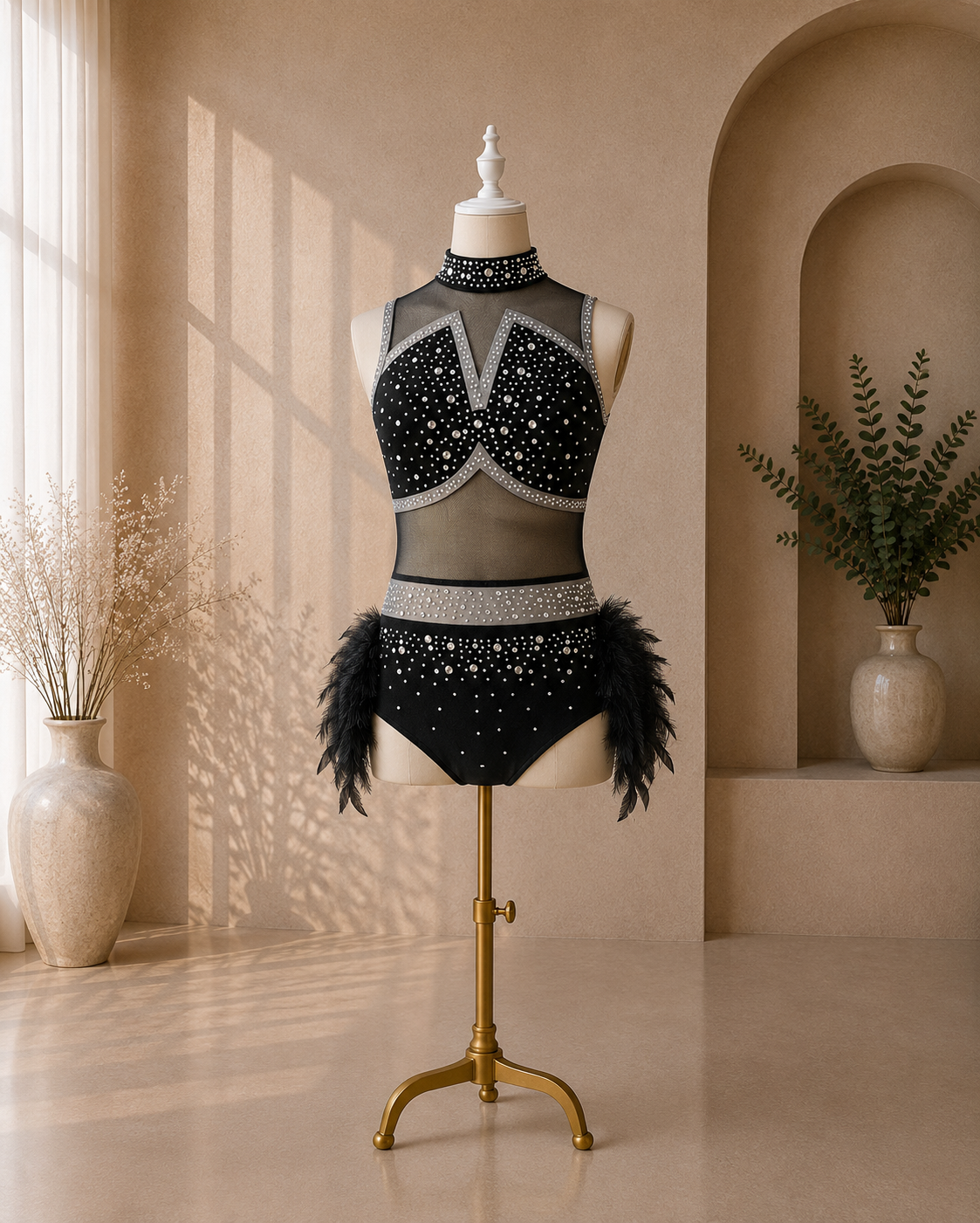 Girls Rhinestone Jazz Dance Costume – Feather & Mesh Competition Leotard | Ages 5–16 Years