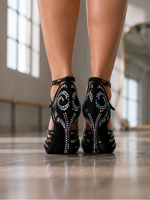Women's Black Rhinestone Latin Dance Shoes | Professional Salsa, Samba & Ballroom Heels | 4cm-10cm