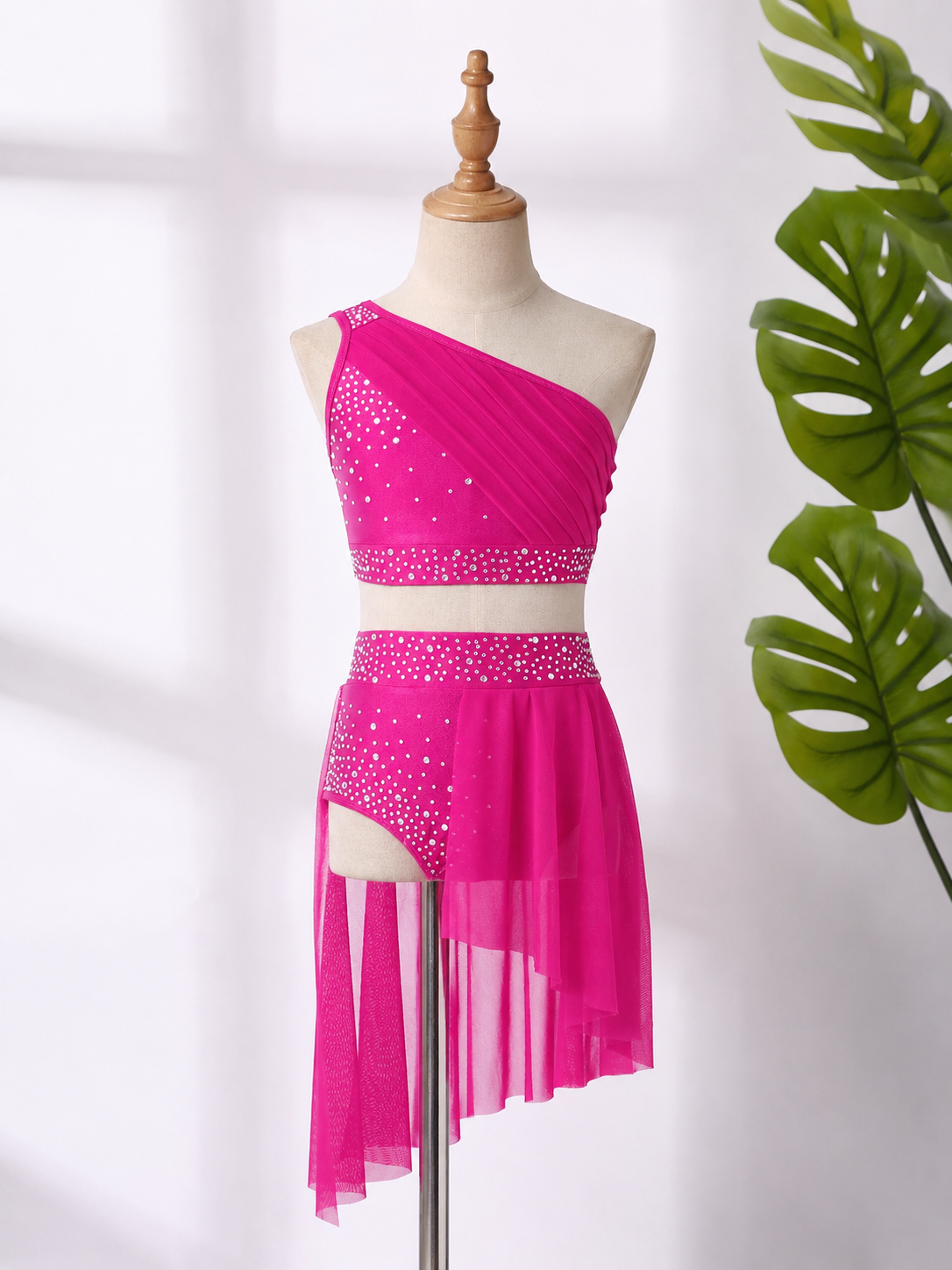 Girls 2-Piece Lyrical Dance Costume | One Shoulder Crop Top & Mesh Skirt Shorts Set | Ages 6-16 Years