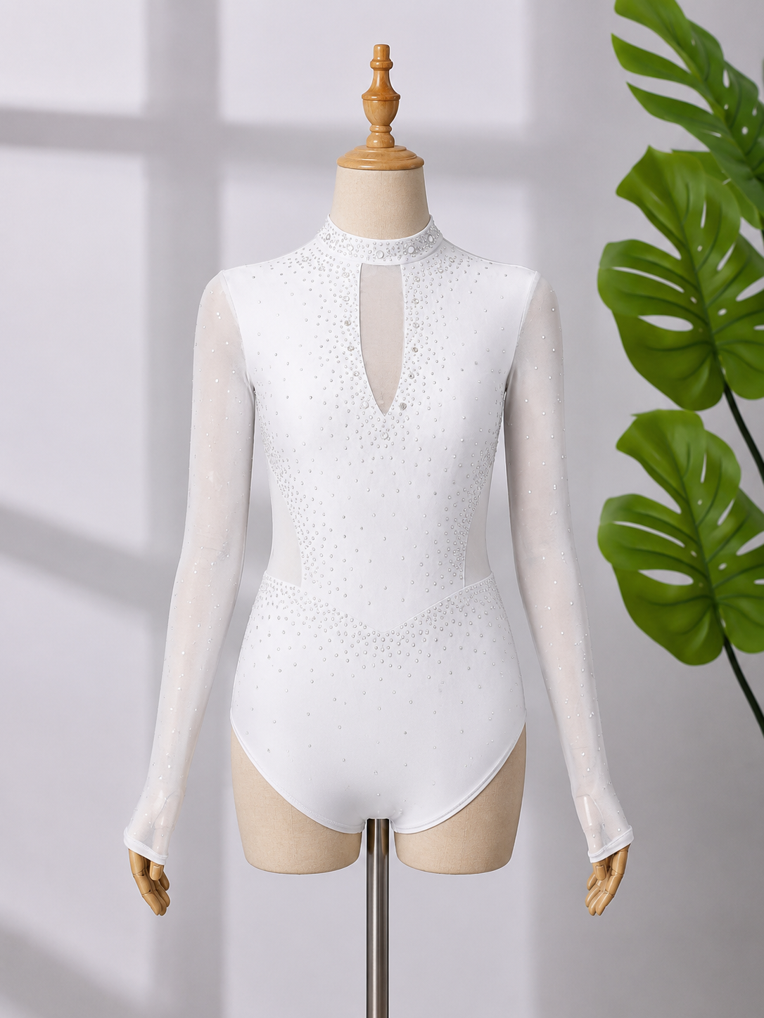 Women’s Long Sleeve Rhinestone Dance Leotard – High Neck Contemporary, Lyrical & Ballroom Dance Costume | XS-XL