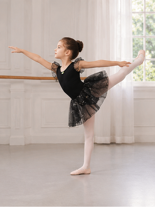 Girls Sparkle Ballet Dress with Tutu Skirt | Children’s Dance Leotard Dress | 3-13 Years | Black