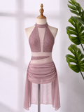 Women’s Rhinestone Lyrical Dance Costume – High Neck Mesh Performance Dress for Contemporary & Ballroom Dance | XS-XL