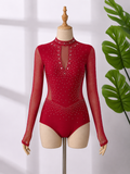 Women’s Long Sleeve Rhinestone Dance Leotard – High Neck Contemporary, Lyrical & Ballroom Dance Costume | XS-XL