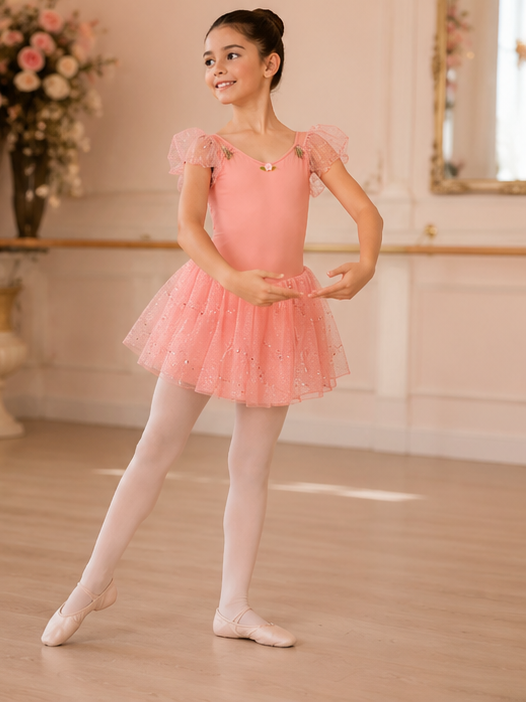 Girls Sparkle Ballet Dress with Tutu Skirt | Children’s Dance Leotard Dress | 3-13 Years | Orange