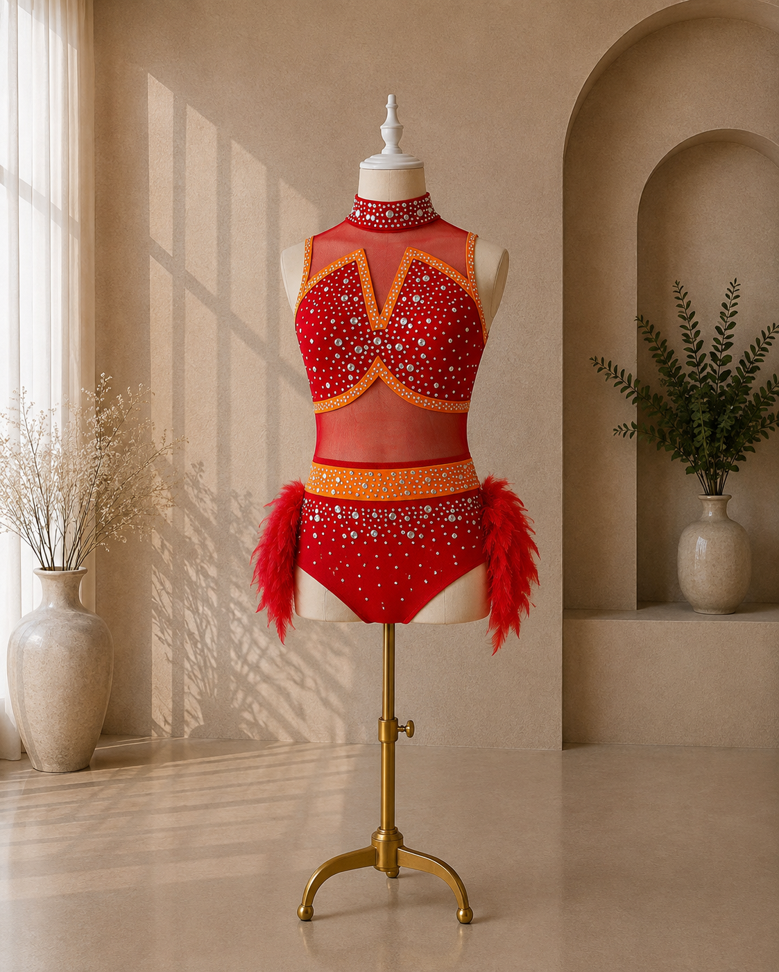 Girls Rhinestone Jazz Dance Costume – Feather & Mesh Competition Leotard | Ages 5–16 Years