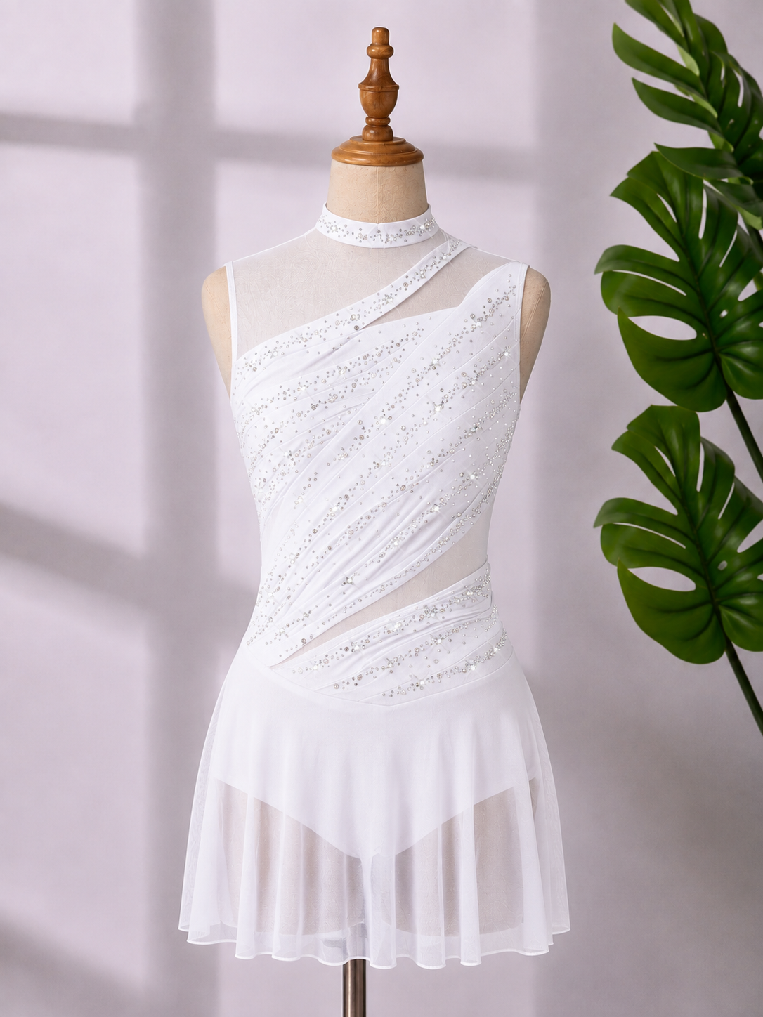 Women’s Rhinestone Lyrical Dance Dress – Mesh Contemporary & Competition Dance Costume | XS–XL