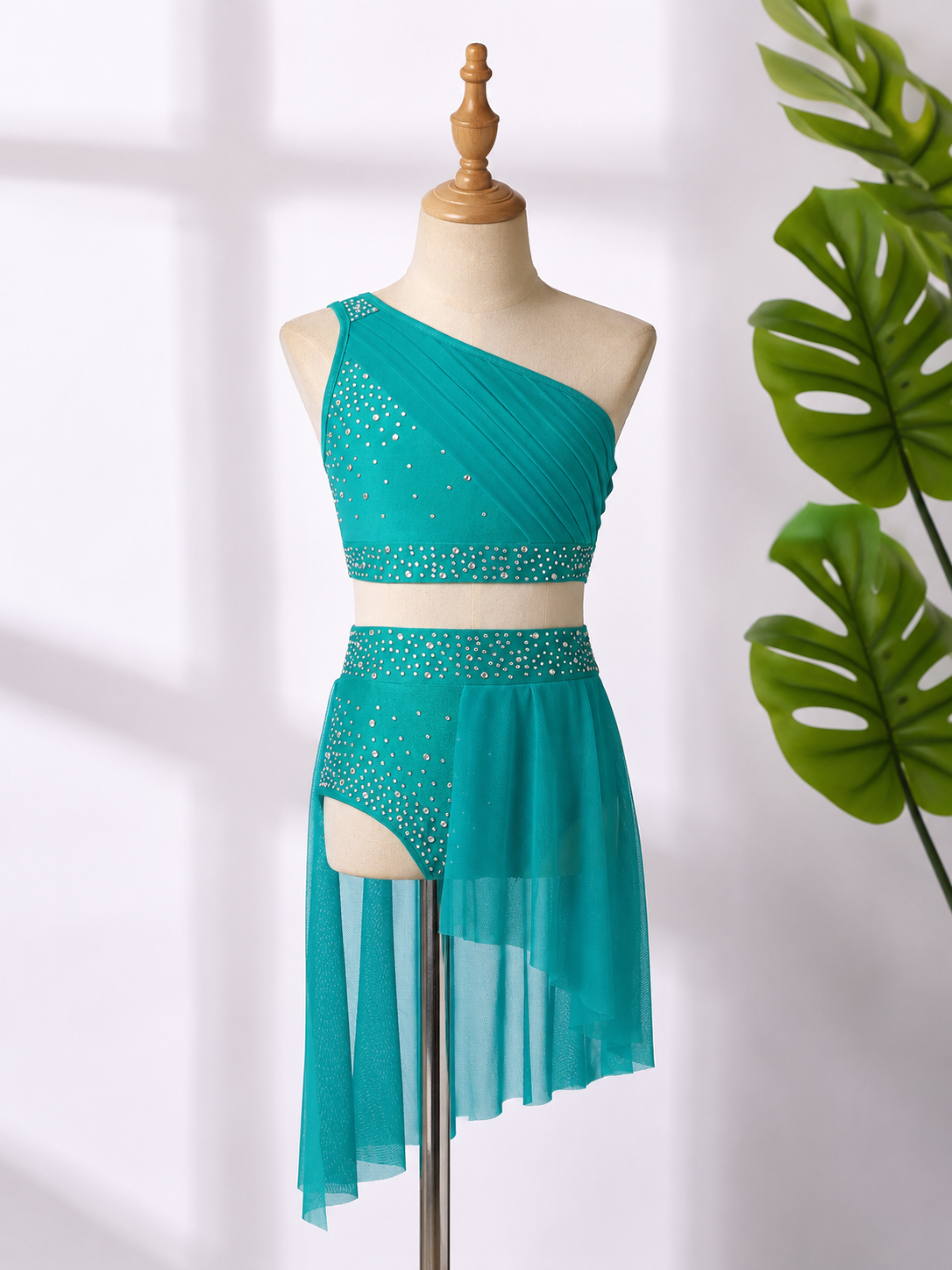 Girls 2-Piece Lyrical Dance Costume | One Shoulder Crop Top & Mesh Skirt Shorts Set | Ages 6-16 Years