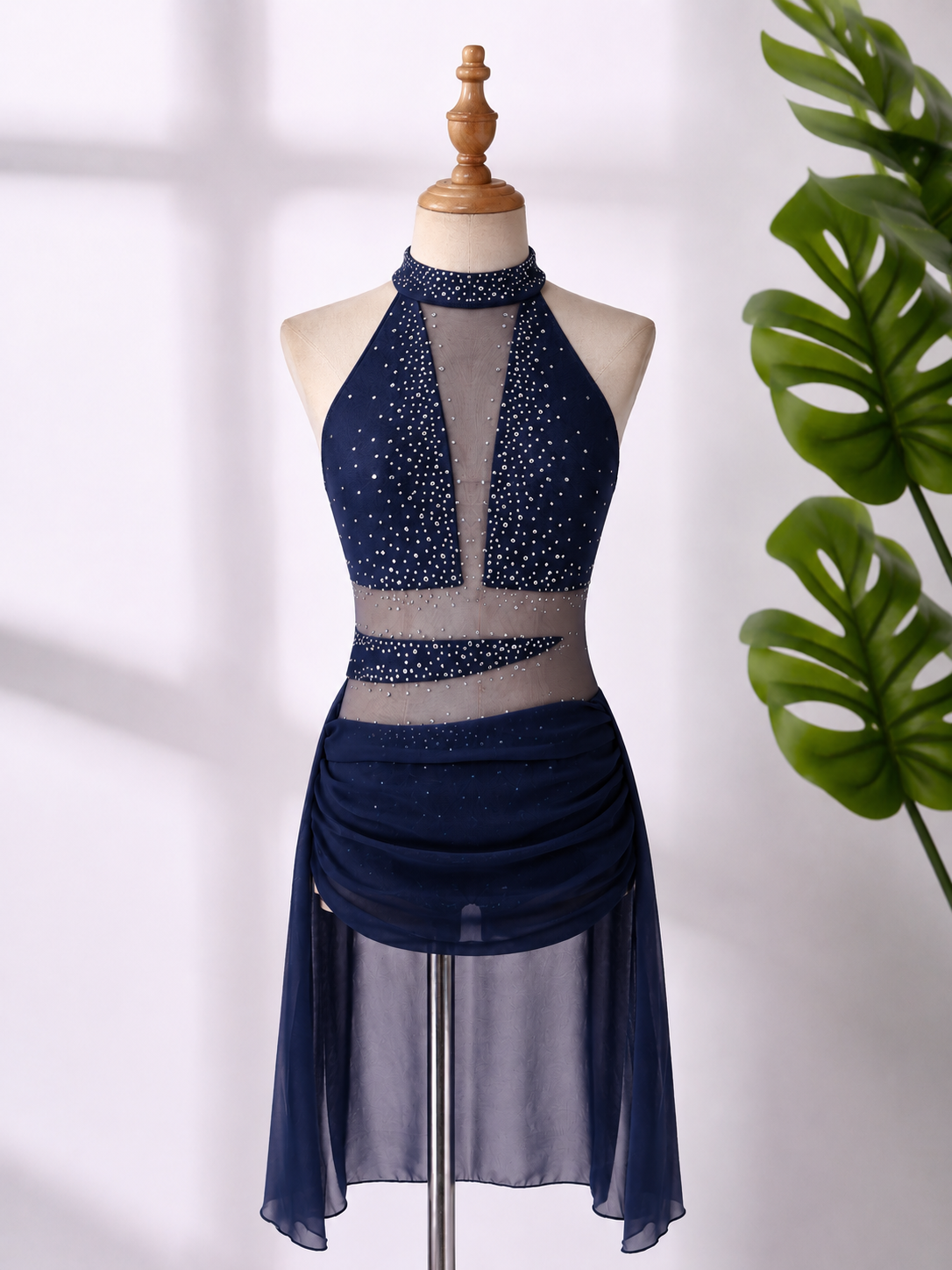 Women’s Rhinestone Lyrical Dance Costume – High Neck Mesh Performance Dress for Contemporary & Ballroom Dance | XS-XL