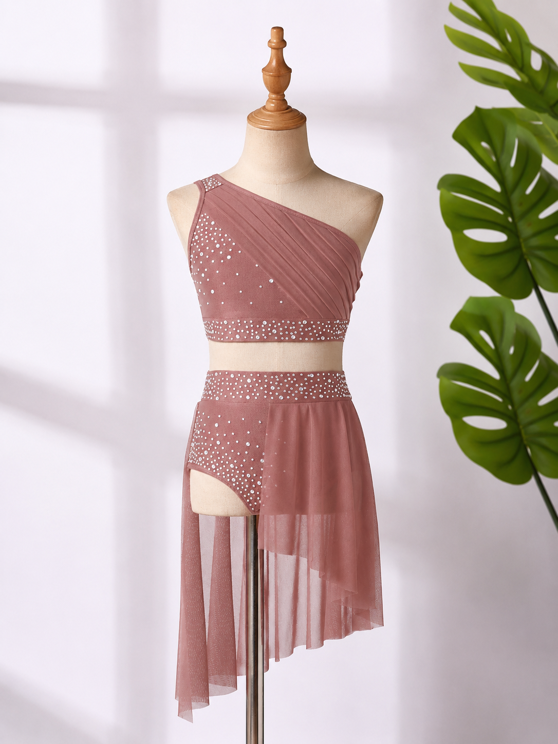 Girls 2-Piece Lyrical Dance Costume | One Shoulder Crop Top & Mesh Skirt Shorts Set | Ages 6-16 Years