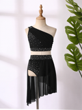 Girls 2-Piece Lyrical Dance Costume | One Shoulder Crop Top & Mesh Skirt Shorts Set | Ages 6-16 Years