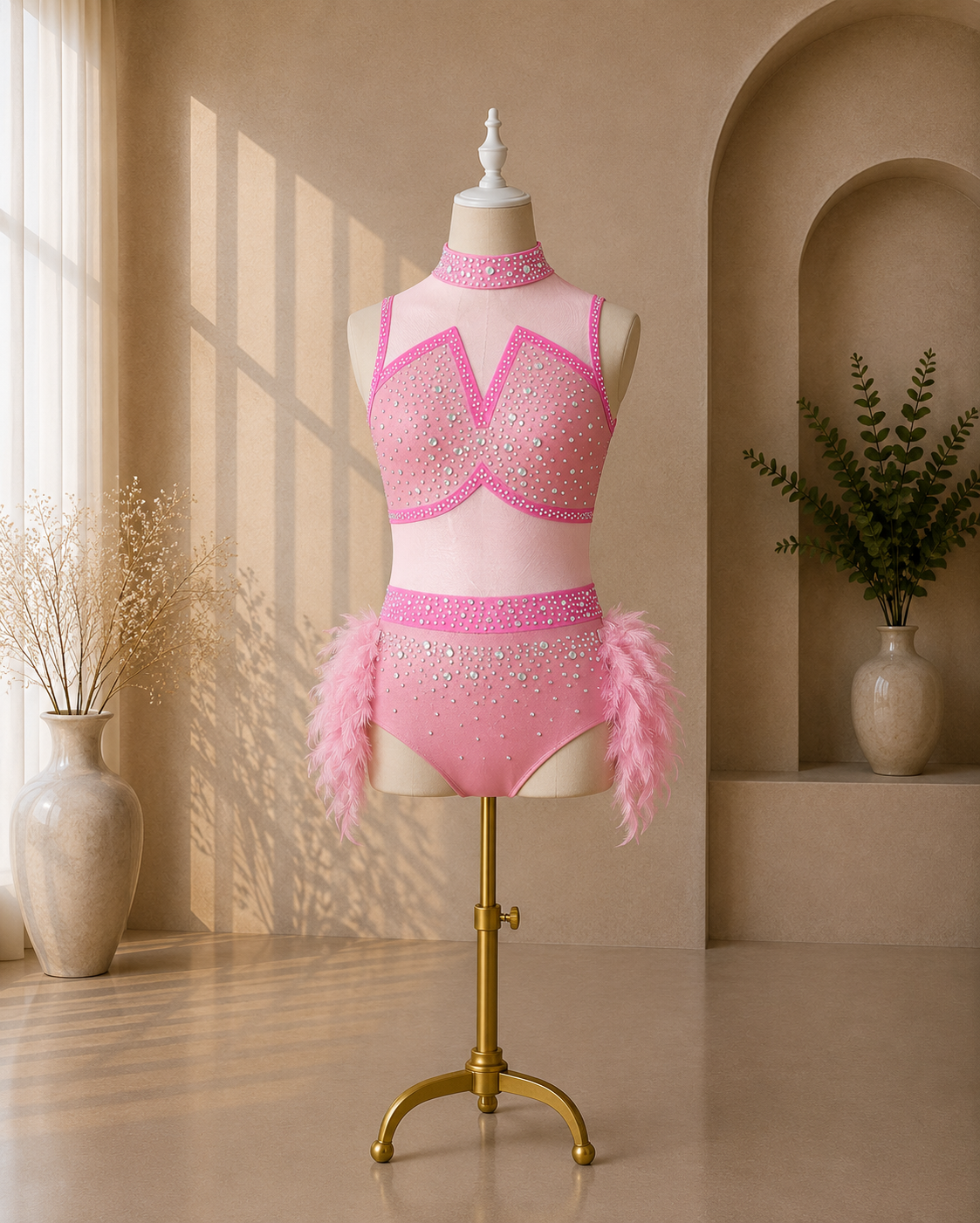 Girls Rhinestone Jazz Dance Costume – Feather & Mesh Competition Leotard | Ages 5–16 Years