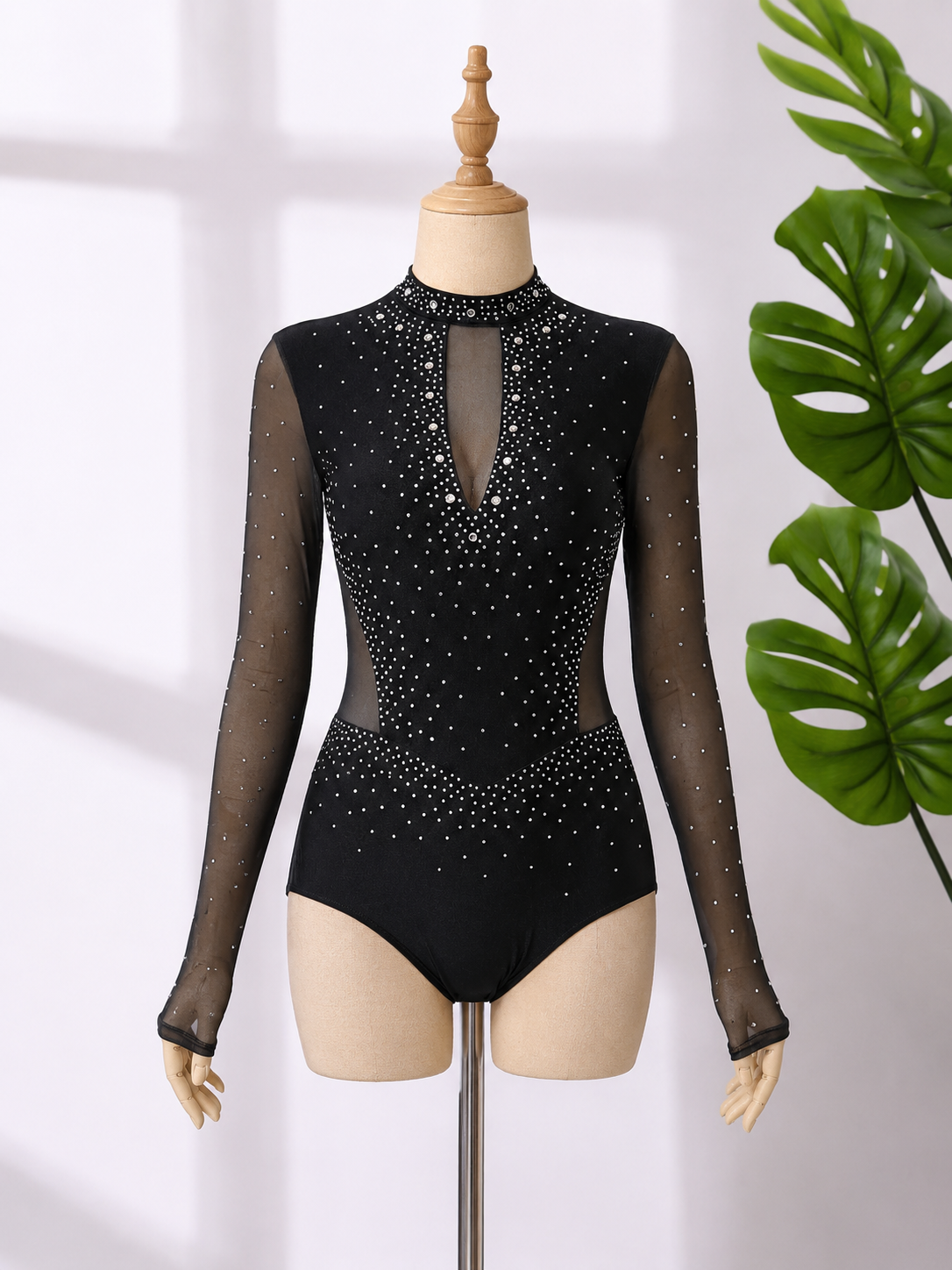 Women’s Long Sleeve Rhinestone Dance Leotard – High Neck Contemporary, Lyrical & Ballroom Dance Costume | XS-XL
