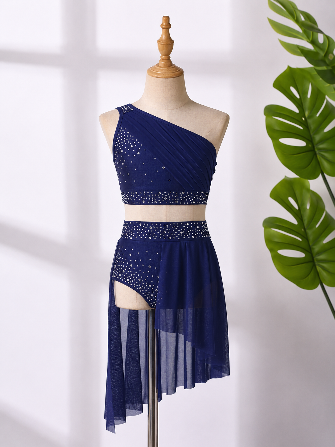 Girls 2-Piece Lyrical Dance Costume | One Shoulder Crop Top & Mesh Skirt Shorts Set | Ages 6-16 Years