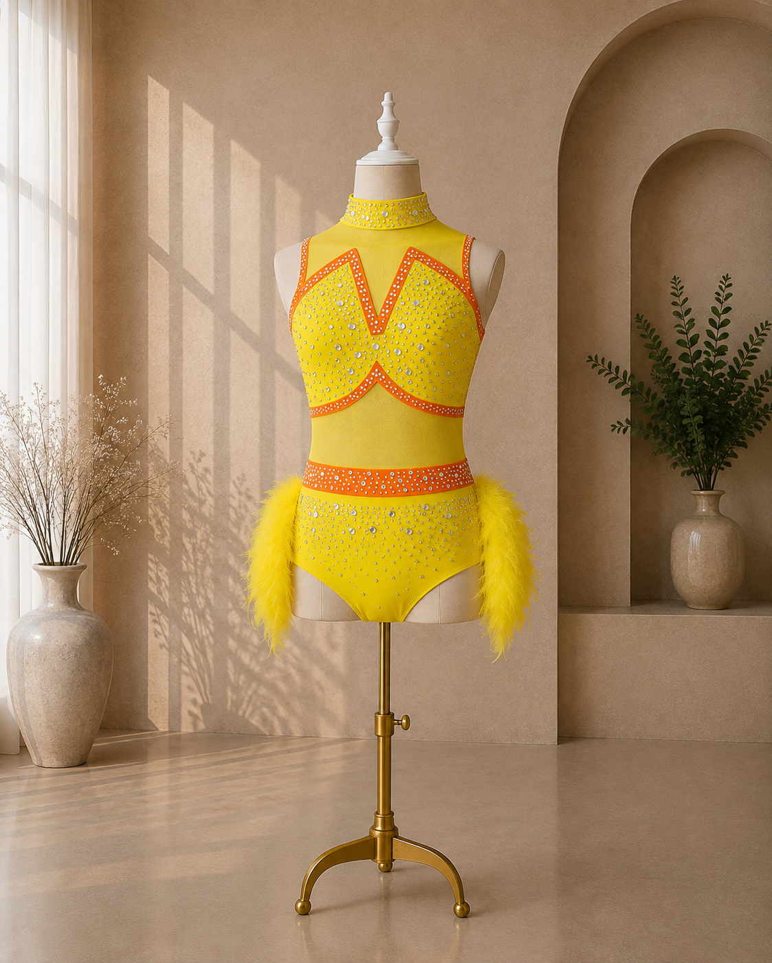 Girls Rhinestone Jazz Dance Costume – Feather & Mesh Competition Leotard | Ages 5–16 Years