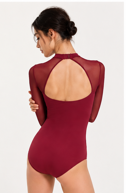 Women’s Long Sleeve Mesh Dance Leotard – Contemporary, Ballet & Lyrical Dancewear | XS–XL | Red