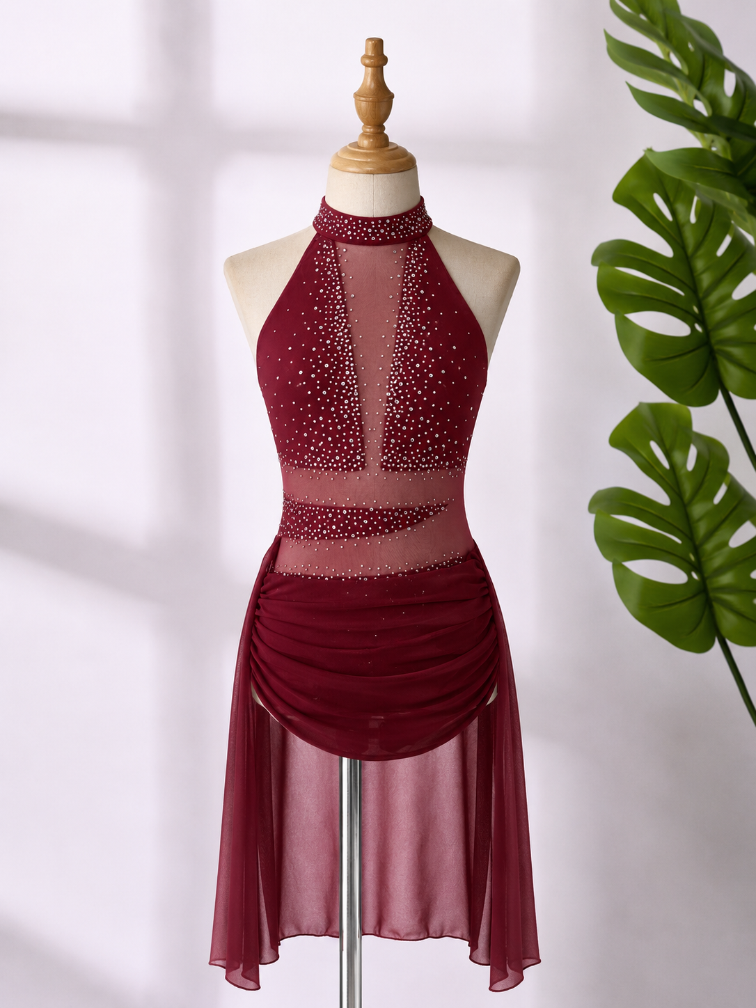 Women’s Rhinestone Lyrical Dance Costume – High Neck Mesh Performance Dress for Contemporary & Ballroom Dance | XS-XL