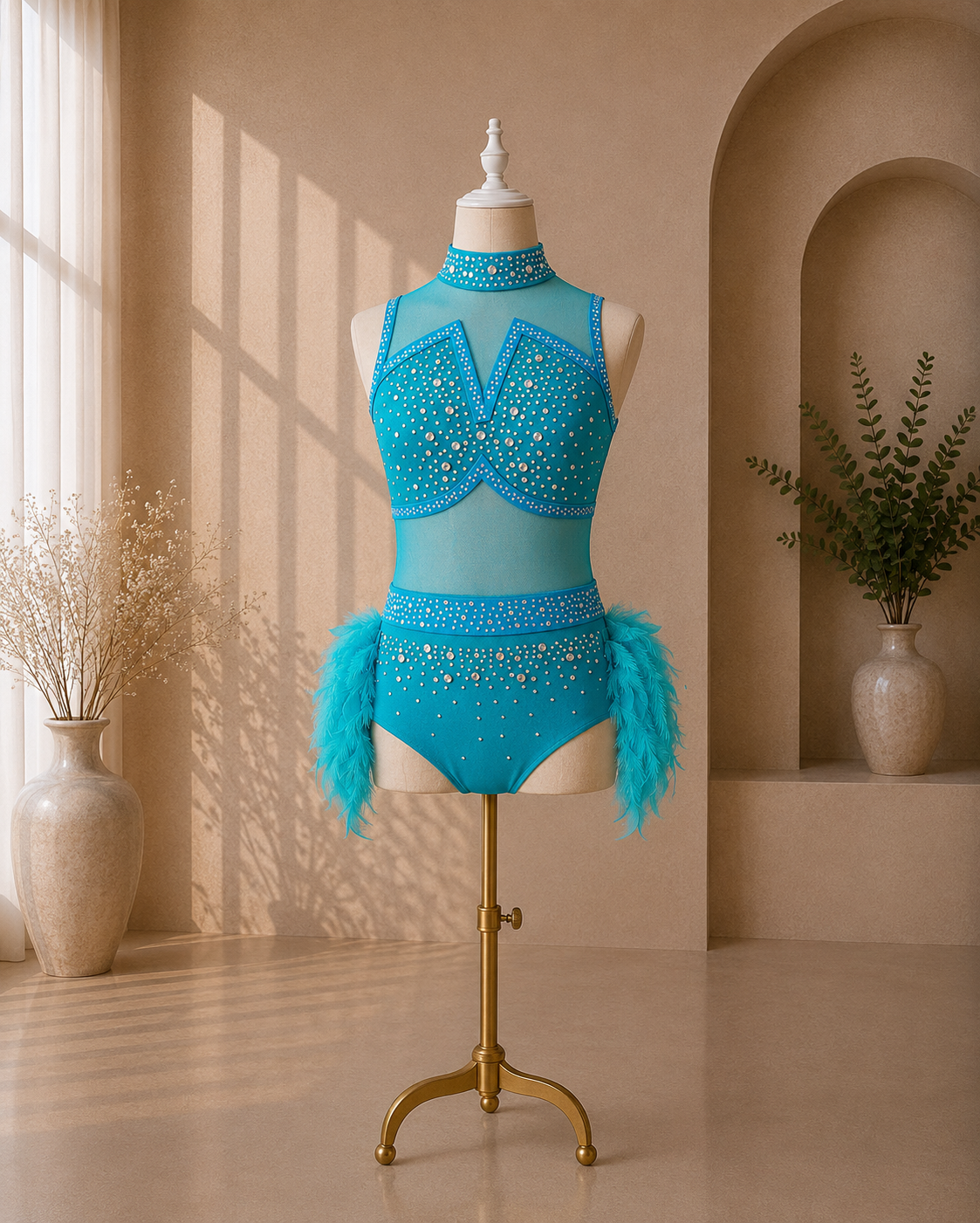 Girls Rhinestone Jazz Dance Costume – Feather & Mesh Competition Leotard | Ages 5–16 Years