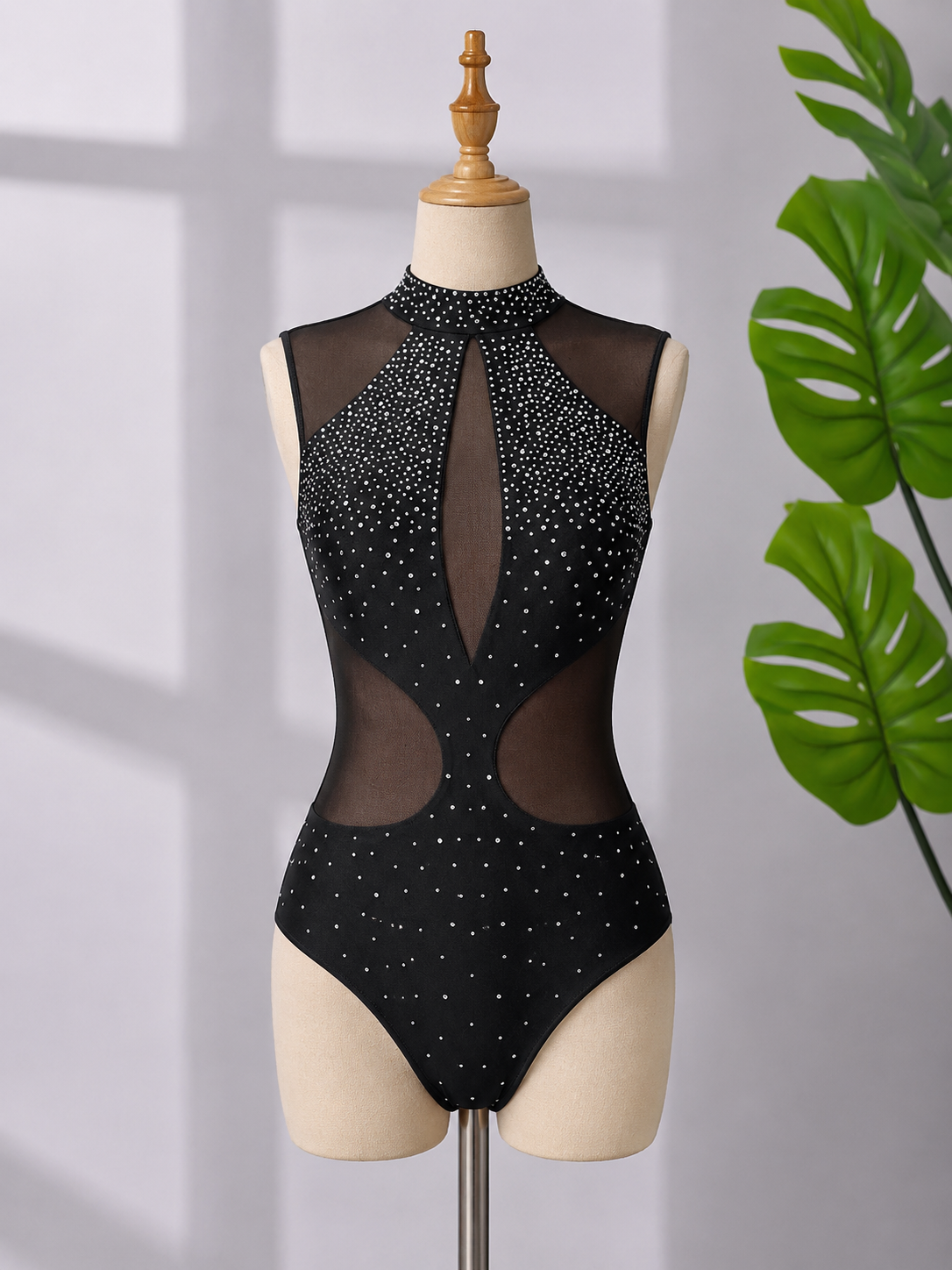 Women’s Sleeveless Rhinestone Dance Leotard – High Neck Contemporary, Lyrical & Ballroom Dance Costume | XS-XL