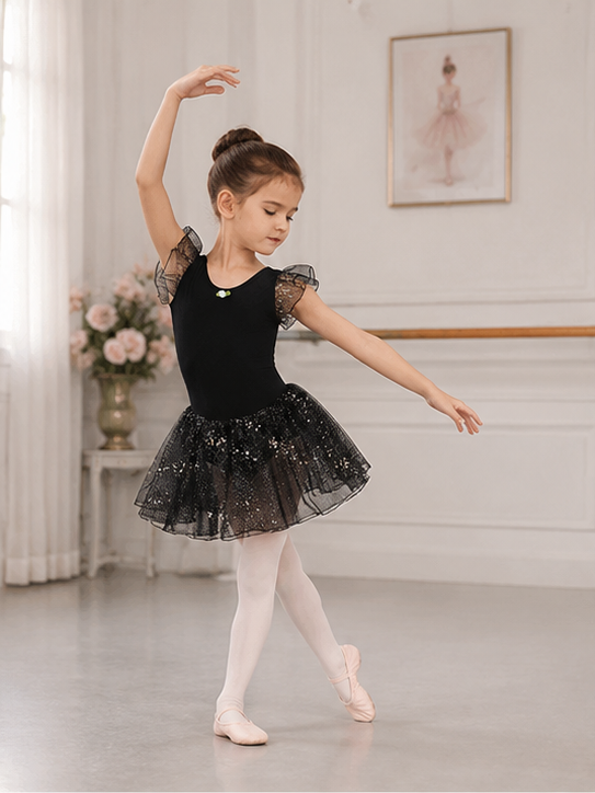 Girls Sparkle Ballet Dress with Tutu Skirt | Children’s Dance Leotard Dress | 3-13 Years | Black