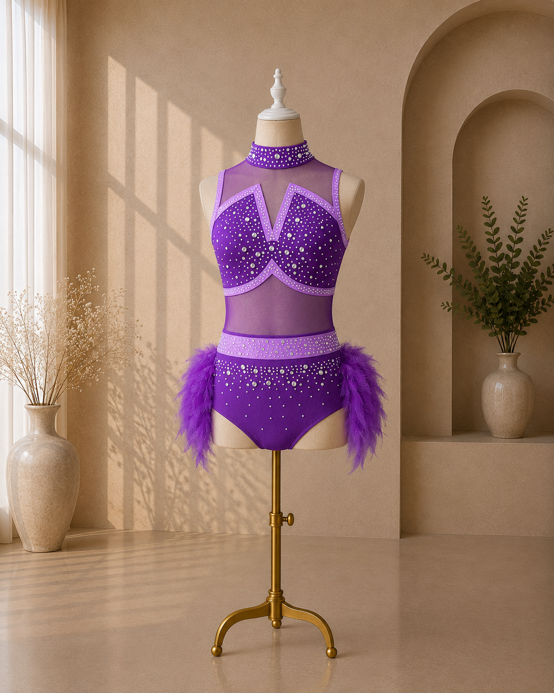 Girls Rhinestone Jazz Dance Costume – Feather & Mesh Competition Leotard | Ages 5–16 Years