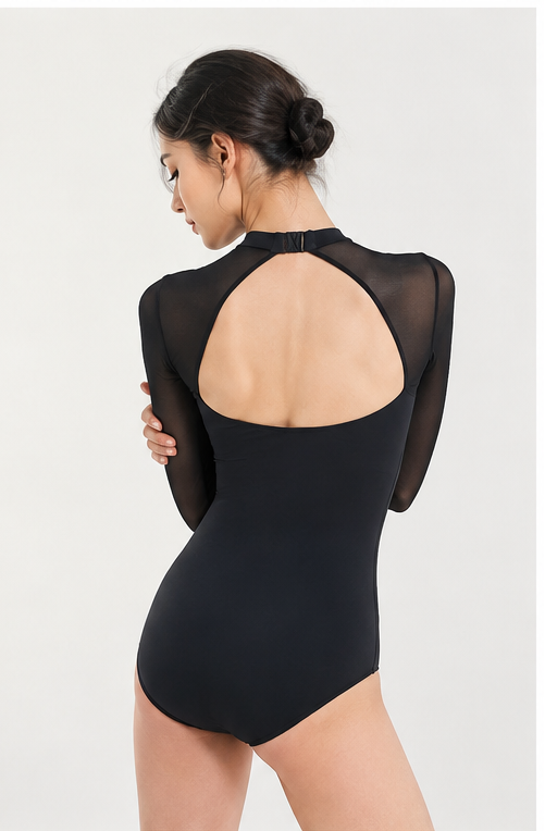 Women’s Long Sleeve Mesh Dance Leotard – Contemporary, Ballet & Lyrical Dancewear | XS–XL | Black
