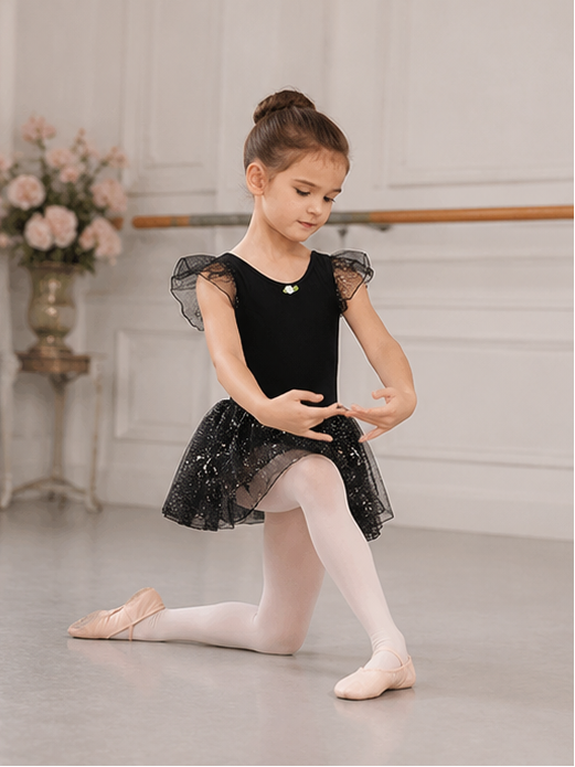 Girls Sparkle Ballet Dress with Tutu Skirt | Children’s Dance Leotard Dress | 3-13 Years | Black