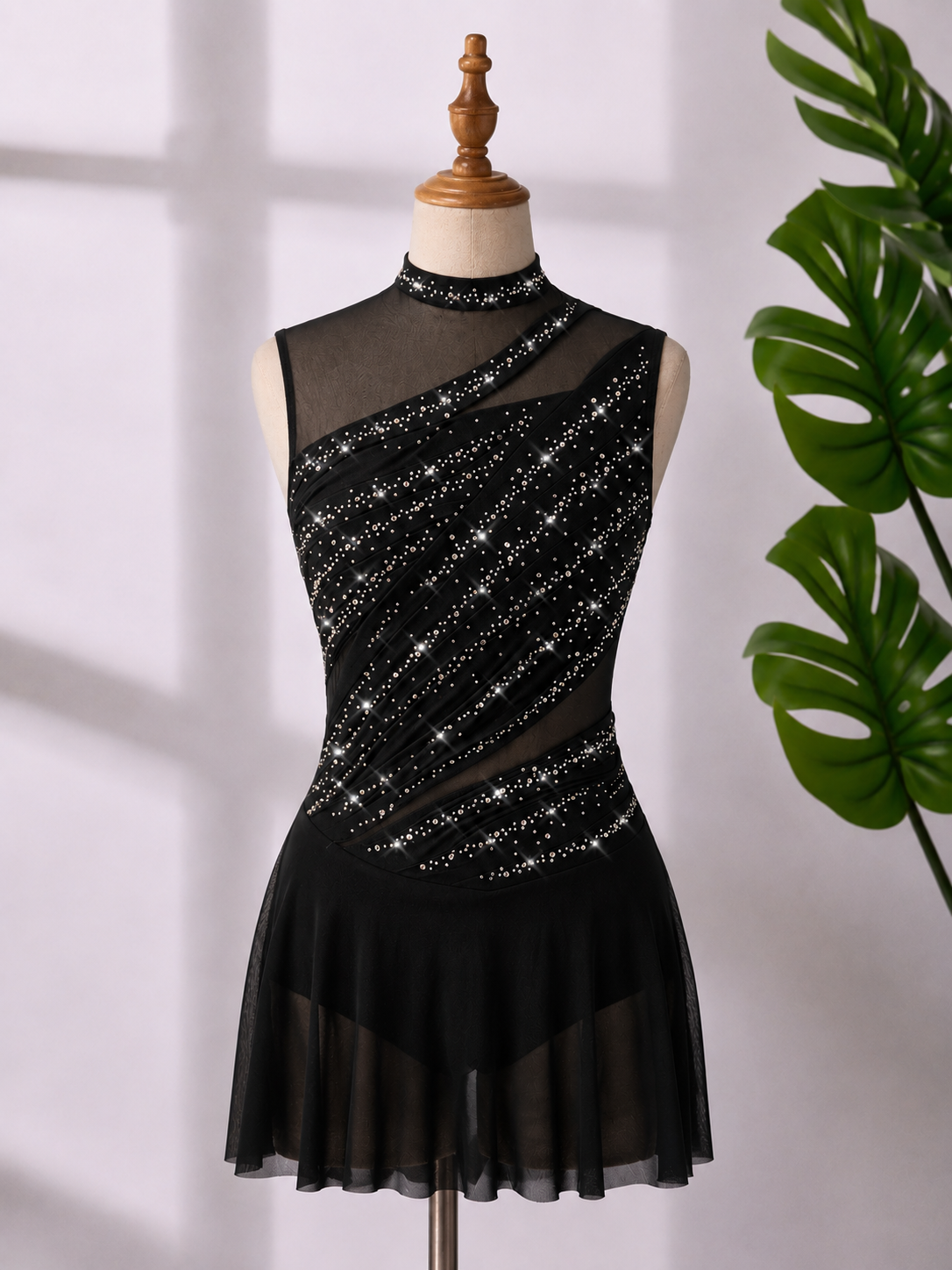 Women’s Rhinestone Lyrical Dance Dress – Mesh Contemporary & Competition Dance Costume | XS–XL