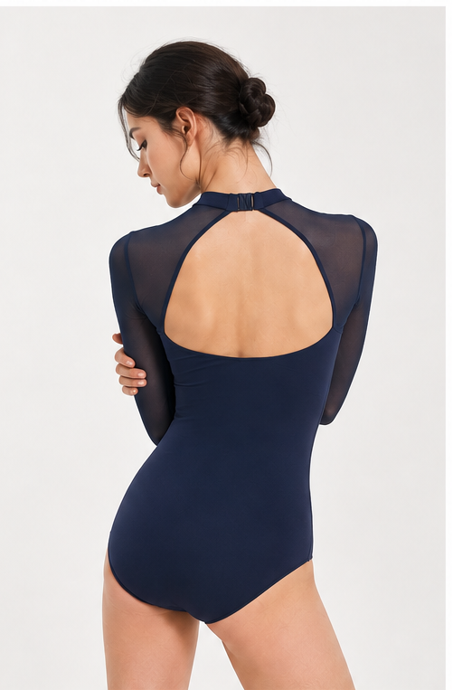 Women’s Long Sleeve Mesh Dance Leotard – Contemporary, Ballet & Lyrical Dancewear | XS–XL | Navy Blue