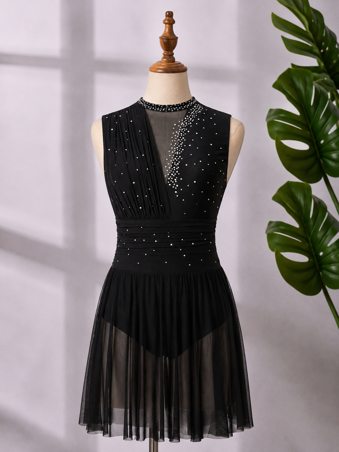 Women’s Rhinestone Lyrical Dance Dress – Mesh Contemporary Competition Costume | XS–XL