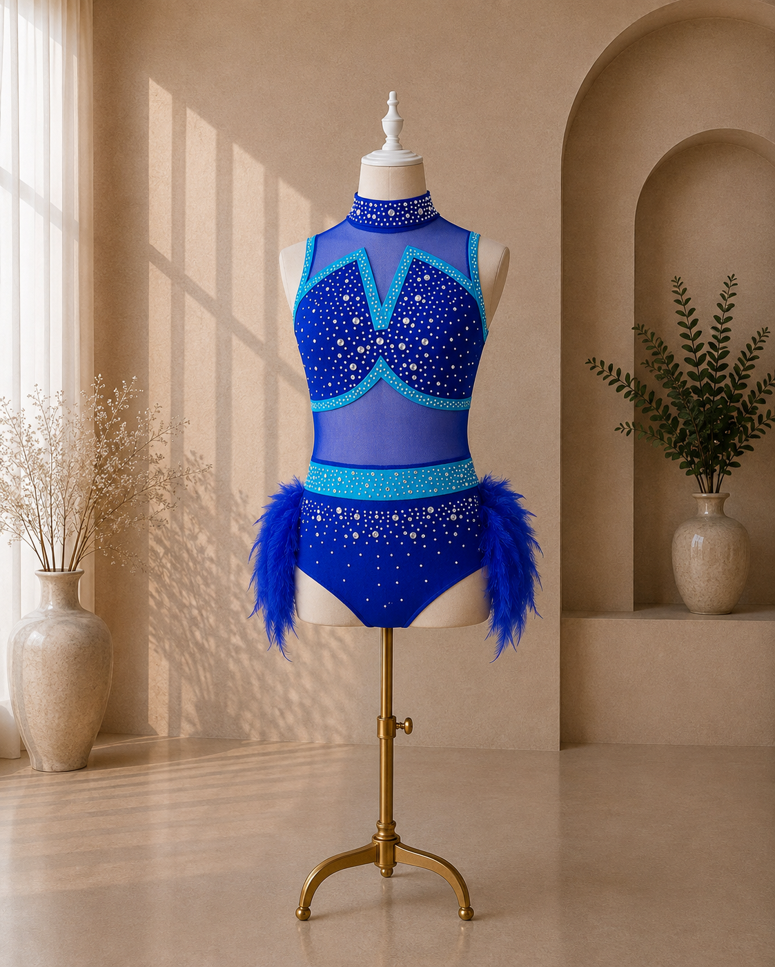 Girls Rhinestone Jazz Dance Costume – Feather & Mesh Competition Leotard | Ages 5–16 Years