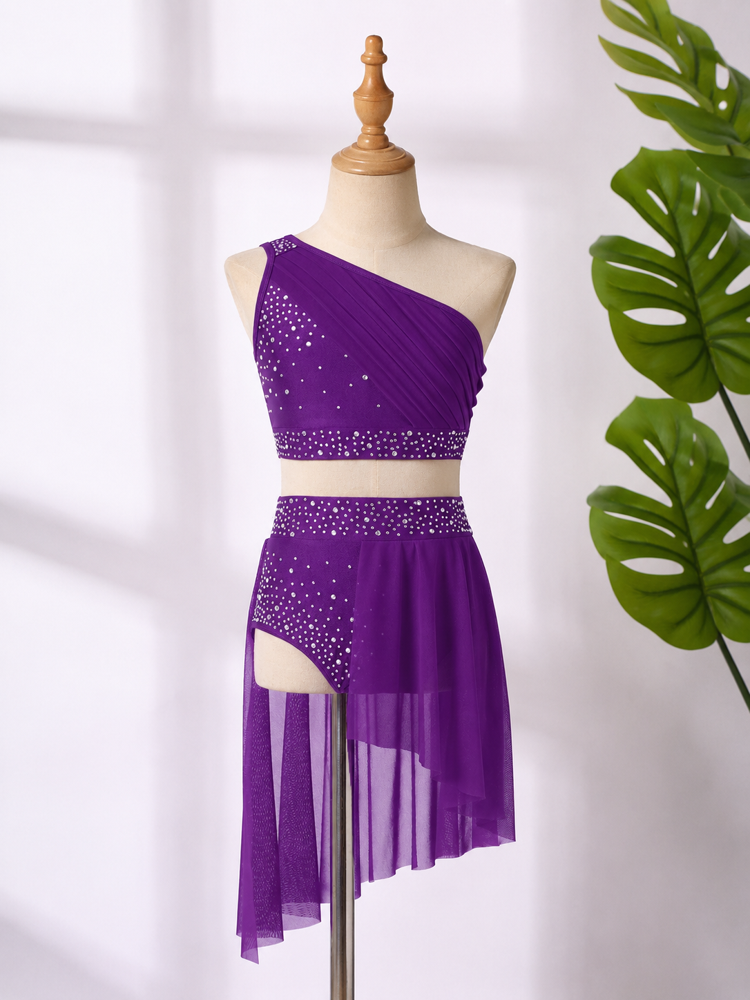 Girls 2-Piece Lyrical Dance Costume | One Shoulder Crop Top & Mesh Skirt Shorts Set | Ages 6-16 Years
