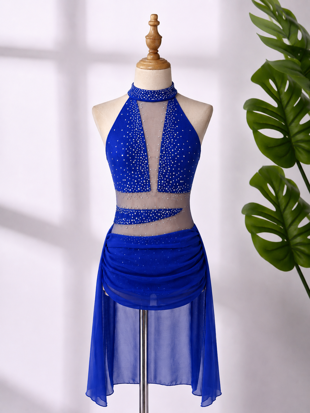Women’s Rhinestone Lyrical Dance Costume – High Neck Mesh Performance Dress for Contemporary & Ballroom Dance | XS-XL