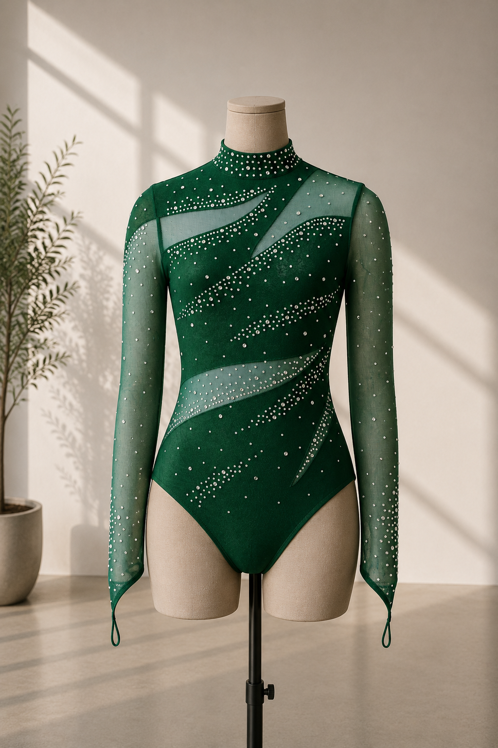 Girls Rhinestone Long Sleeved High Neck Dance Leotard – Lyrical, Contemporary & Competition Costume | 5–16 Years