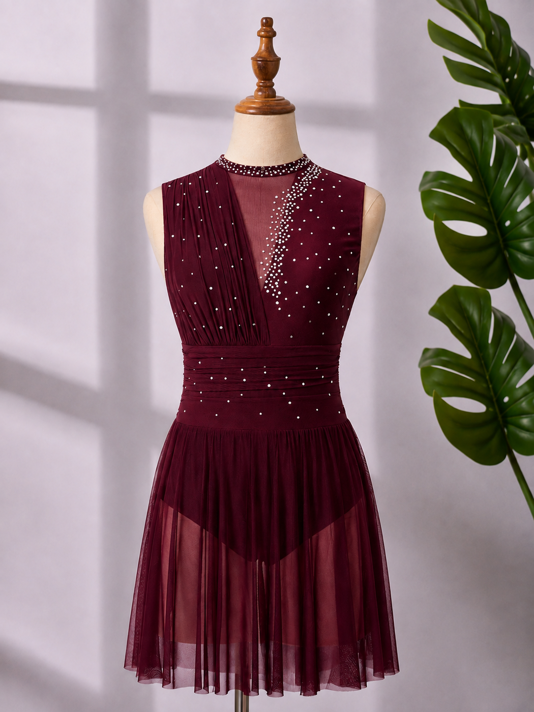Women’s Rhinestone Lyrical Dance Dress – Mesh Contemporary Competition Costume | XS–XL