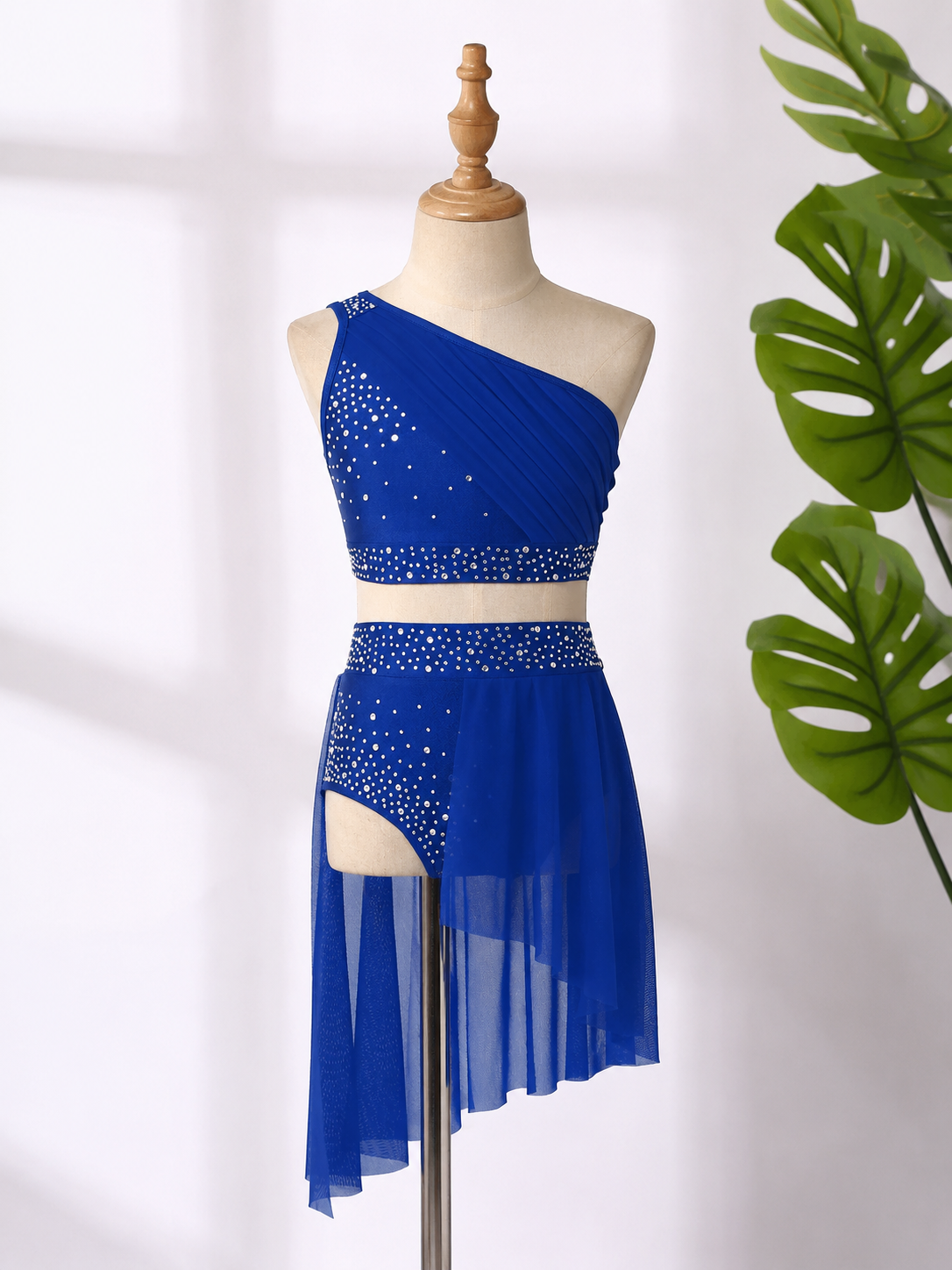 Girls 2-Piece Lyrical Dance Costume | One Shoulder Crop Top & Mesh Skirt Shorts Set | Ages 6-16 Years