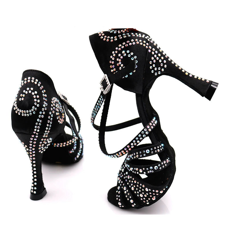 Black high-heeled sandals with rhinestone detailing on a white background, featuring the brand 'LOOGTSHON'.