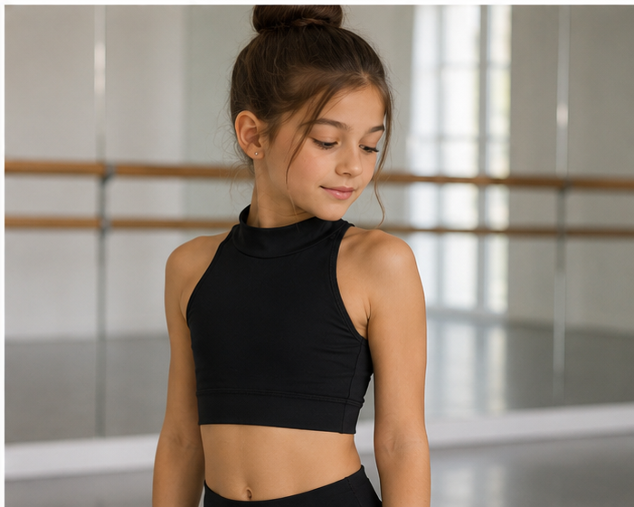 Kid’s High Neck Cross Back Dance Crop Top | Ballet, Gymnastics & Activewear Top Black XXS-XXL