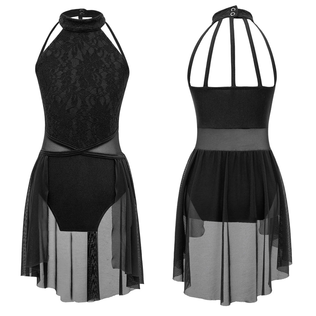 Girls Lace Lyrical Dance Costume with Chiffon Skirt – Ballet, Contemporary & Modern Dance Dress | Ages 5-16 Years | Black