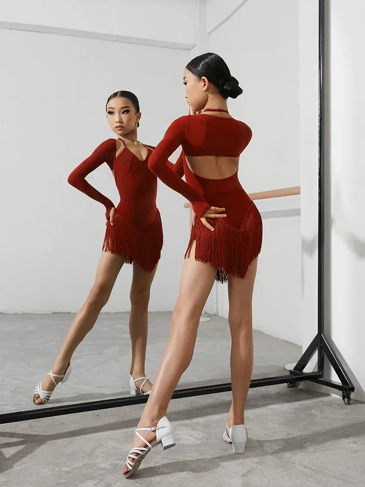 Girls Long Sleeve Ballet Dance Leotard in Red