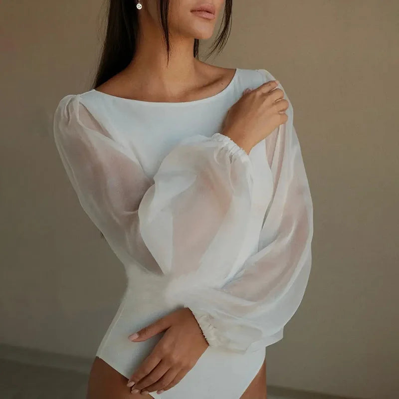Women’s Long Sleeve Ballet Leotard | Chiffon Sleeve Dance Bodysuit for Ballet, Contemporary & Lyrical Dance | White