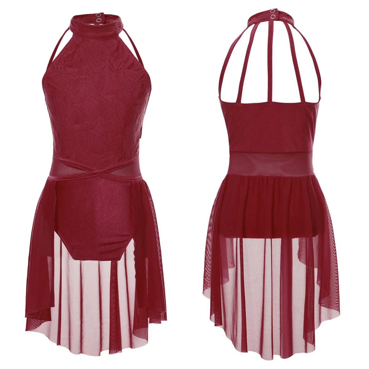 Girls Lace Lyrical Dance Costume with Chiffon Skirt | Ballet, Contemporary & Modern Dance Dress | Ages 5-16 Years | Burgandy
