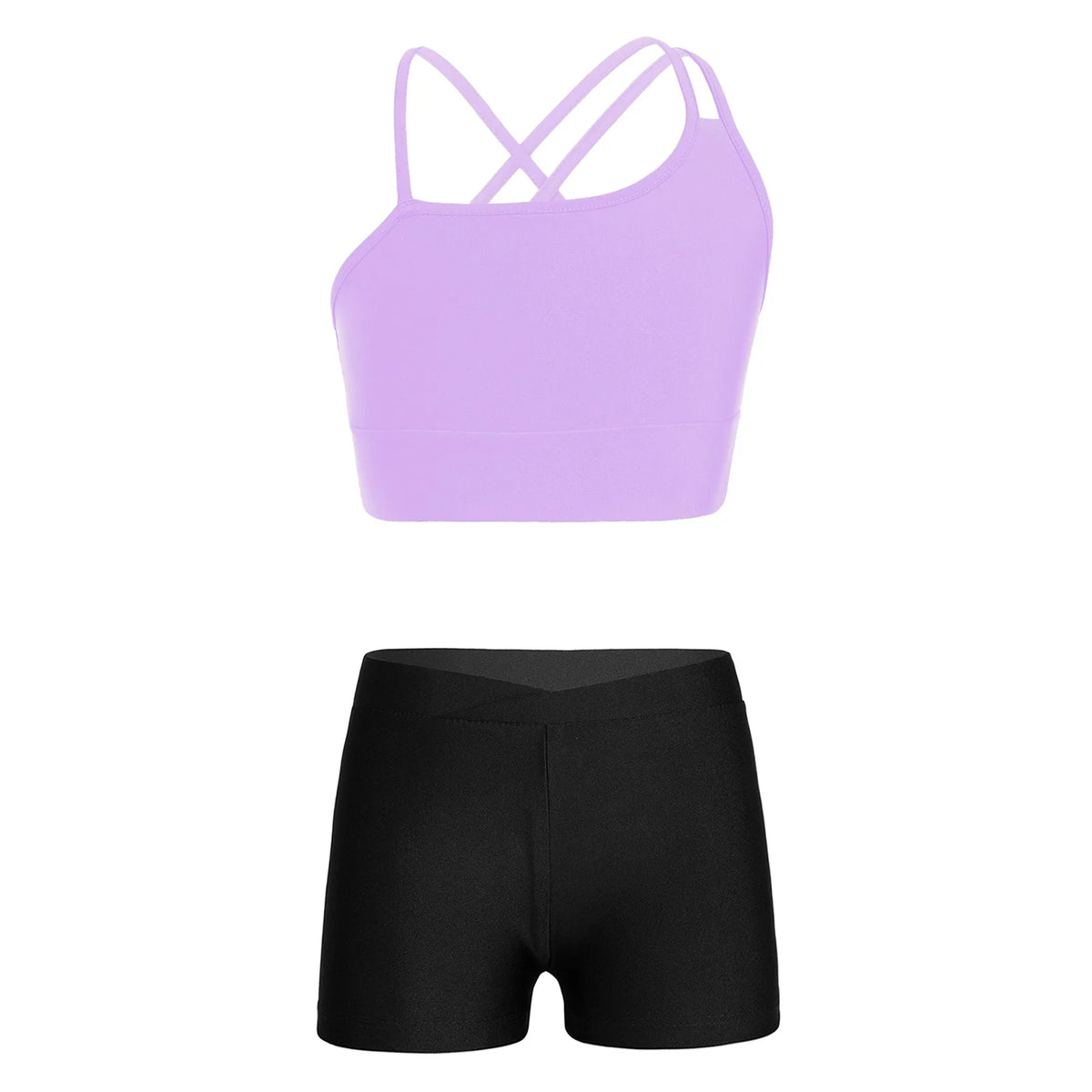 Girls' Dance Shorts & Cross Back Crop Top Set | Gymnastics, Acro & Cheer Outfit | Purple & Black | XS–XL