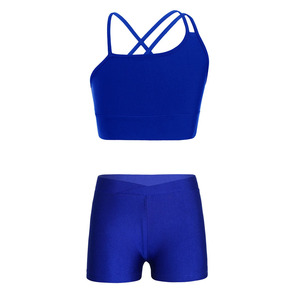 Girls' Dance Shorts & Cross Back Crop Top Set | Gymnastics, Acro & Cheer Outfit | Blue | XS–XL