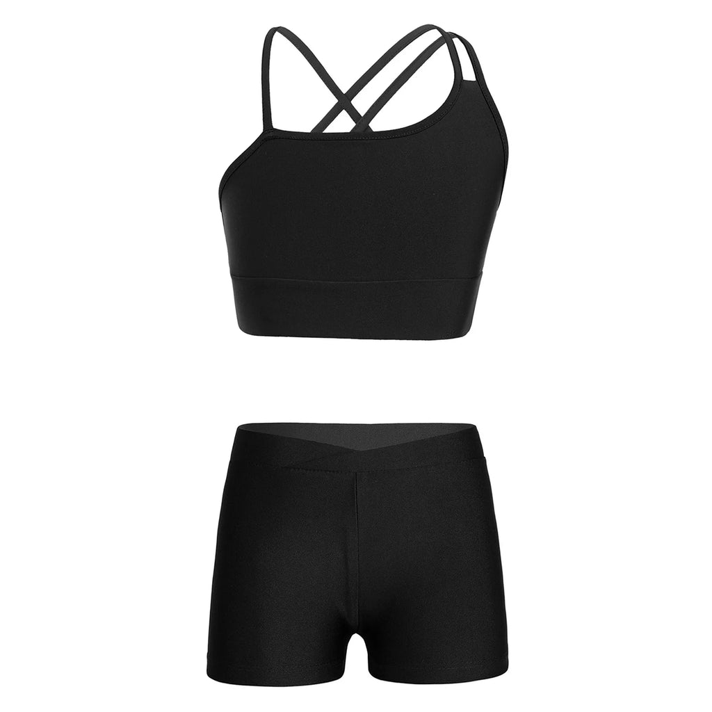 Girls' Dance Shorts & Cross Back Crop Top Set | Gymnastics, Acro & Cheer Outfit | Black | XS–XL