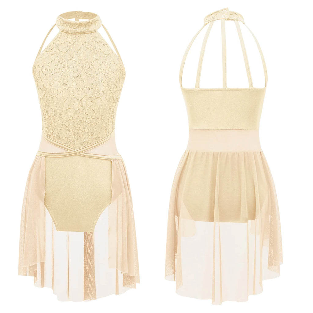 Girls Lace Lyrical Dance Costume with Chiffon Skirt | Ballet, Contemporary & Modern Dance Dress | Ages 5-16 Years | Champagne