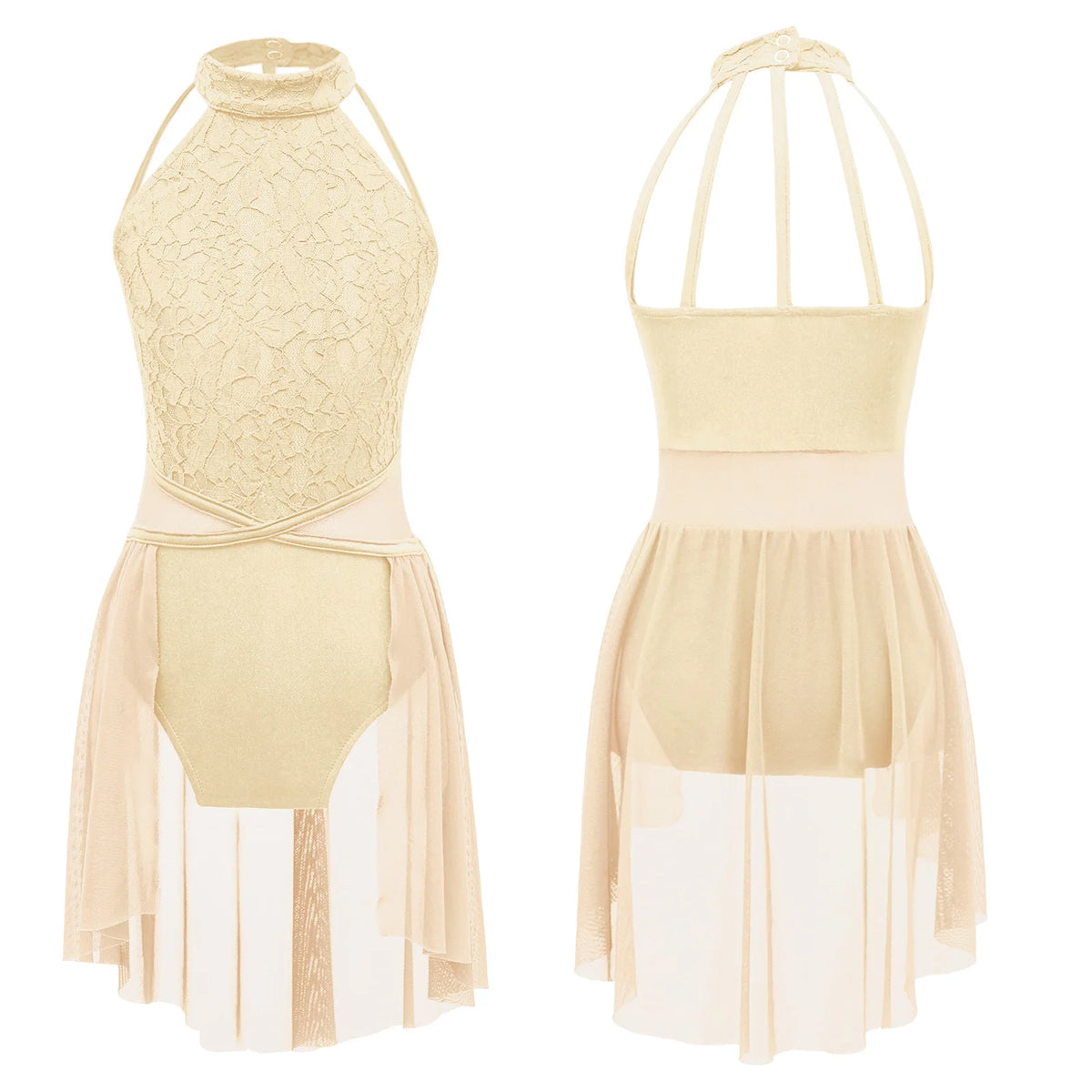 Girls Lace Lyrical Dance Costume with Chiffon Skirt | Ballet, Contemporary & Modern Dance Dress | Ages 5-16 Years | Champagne