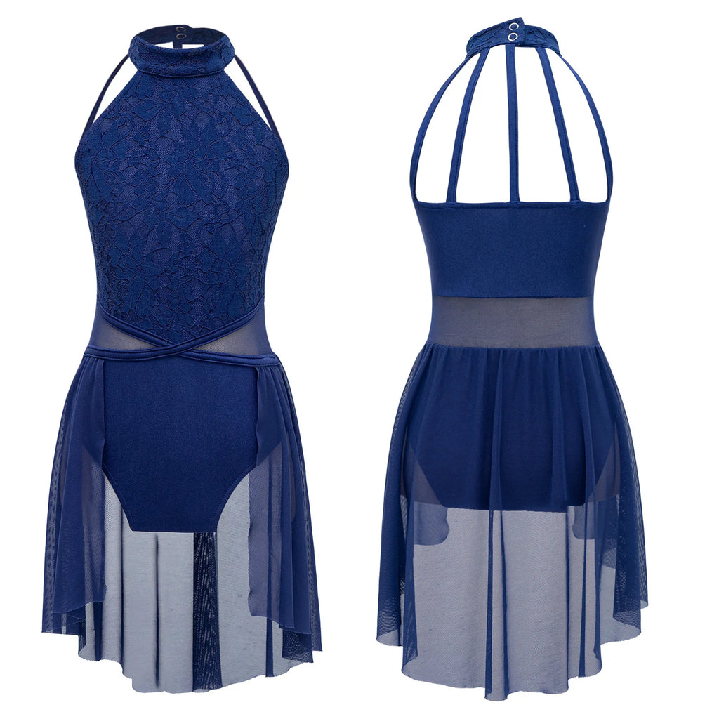 Girls Lace Lyrical Dance Costume with Chiffon Skirt | Ballet, Contemporary & Modern Dance Dress | Ages 5-16 Years | Dark Blue