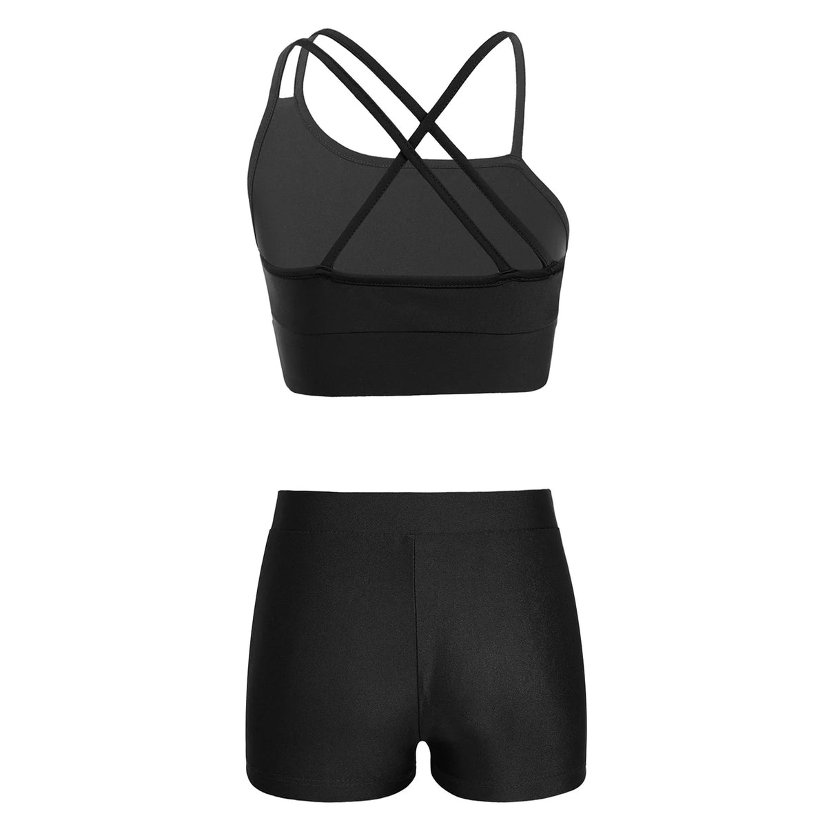 Girls' Dance Shorts & Cross Back Crop Top Set | Gymnastics, Acro & Cheer Outfit | Black | XS–XL
